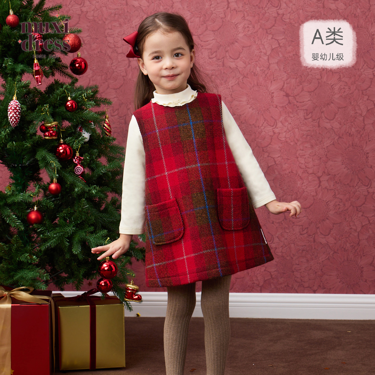 muxidress 25秋冬女童法式格纹毛呢连衣裙圣诞新年公主裙生日礼服