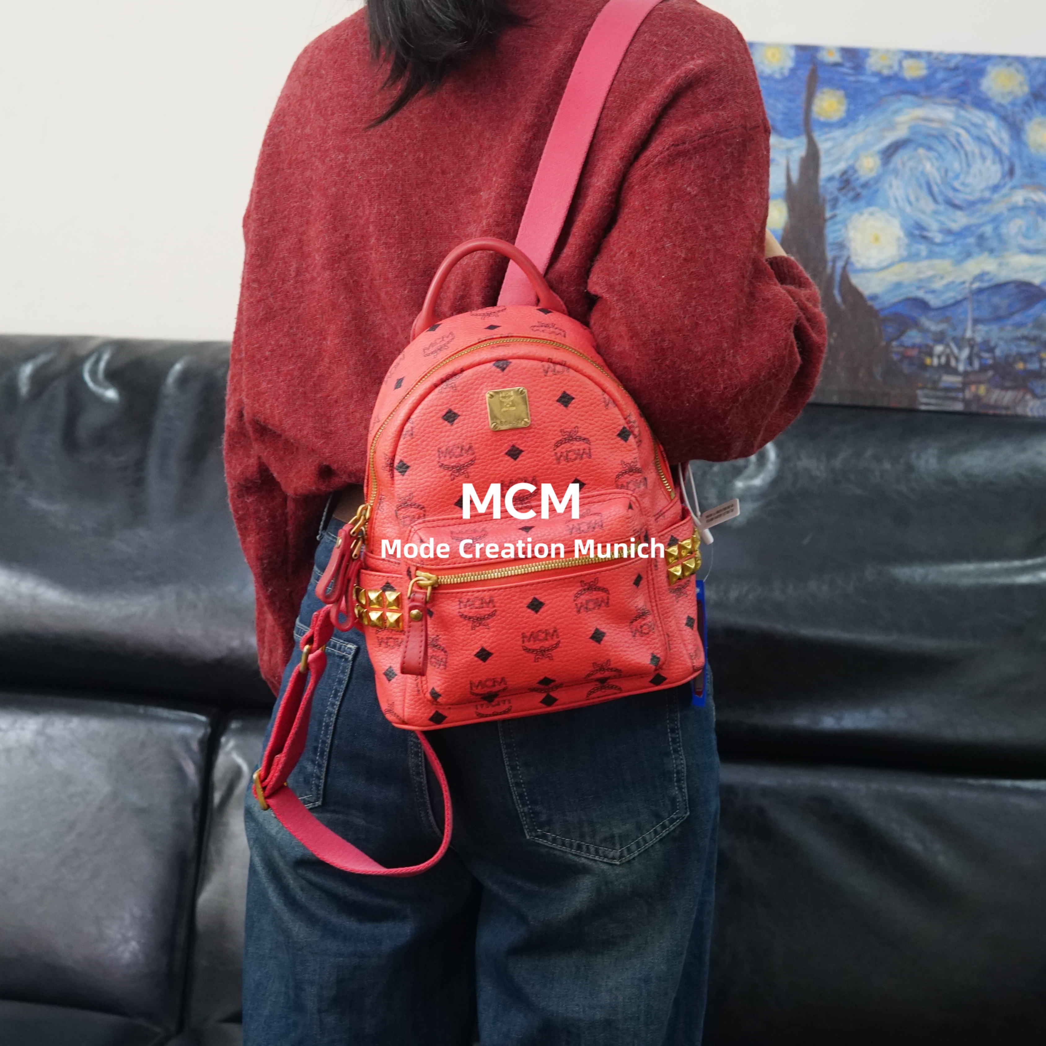 95新 MCM 红色双肩包/SD03624005/4005