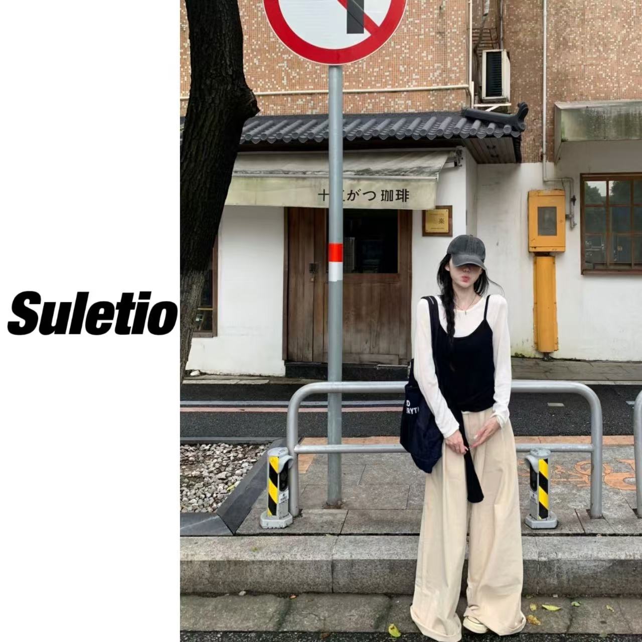 8063#米白+黑2025新款韩系叠穿长袖针织衫黑色吊带女 两件套 