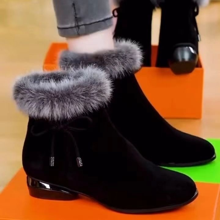 水貂毛棉靴秋冬新款女短靴2025时尚圆头加绒保暖低跟防滑妈妈棉鞋