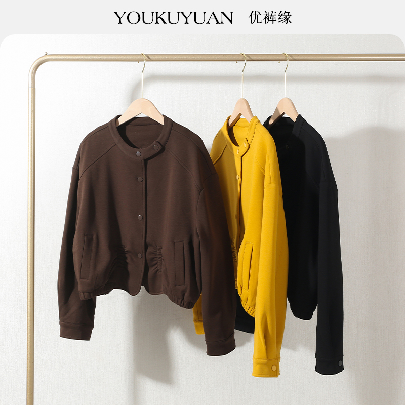 2025系扣厚款秋季宽松型女翻领短外套运动长款百搭修身纯色圆领