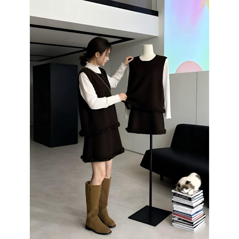 小香风套装女秋冬新款韩系木耳花边马甲背心长袖上衣半身裙三件套