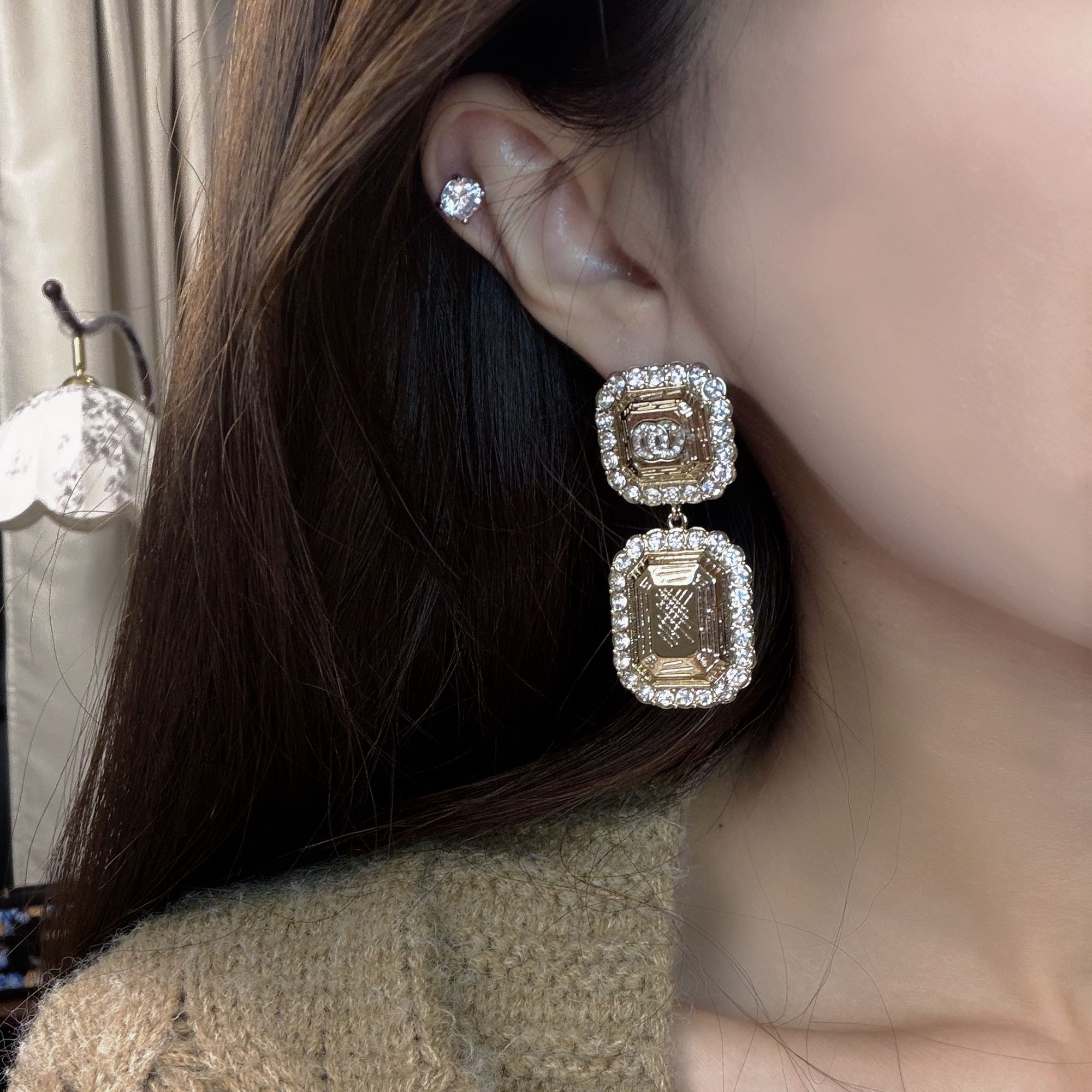 925银合成锆石耳饰 25S C 方块 耳钉 KK196