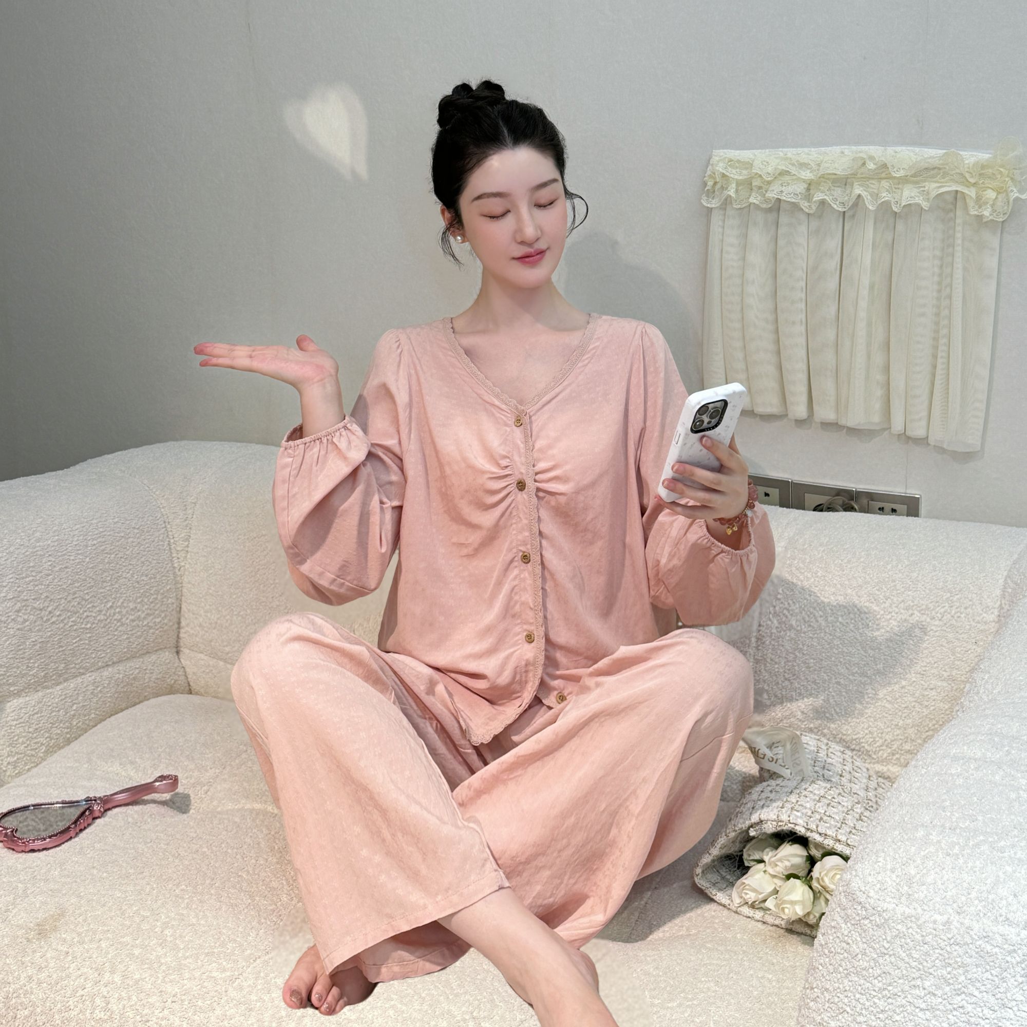 素素【秋日玫瑰】长袖套装显白显瘦显瘦春秋家居服睡衣女