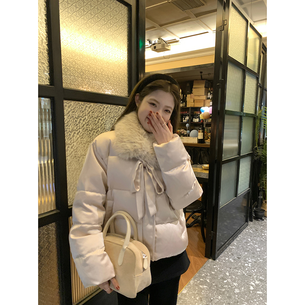 少女香槟粉毛毛领高级感加厚棉衣短外套女冬季百搭加厚短款面包服