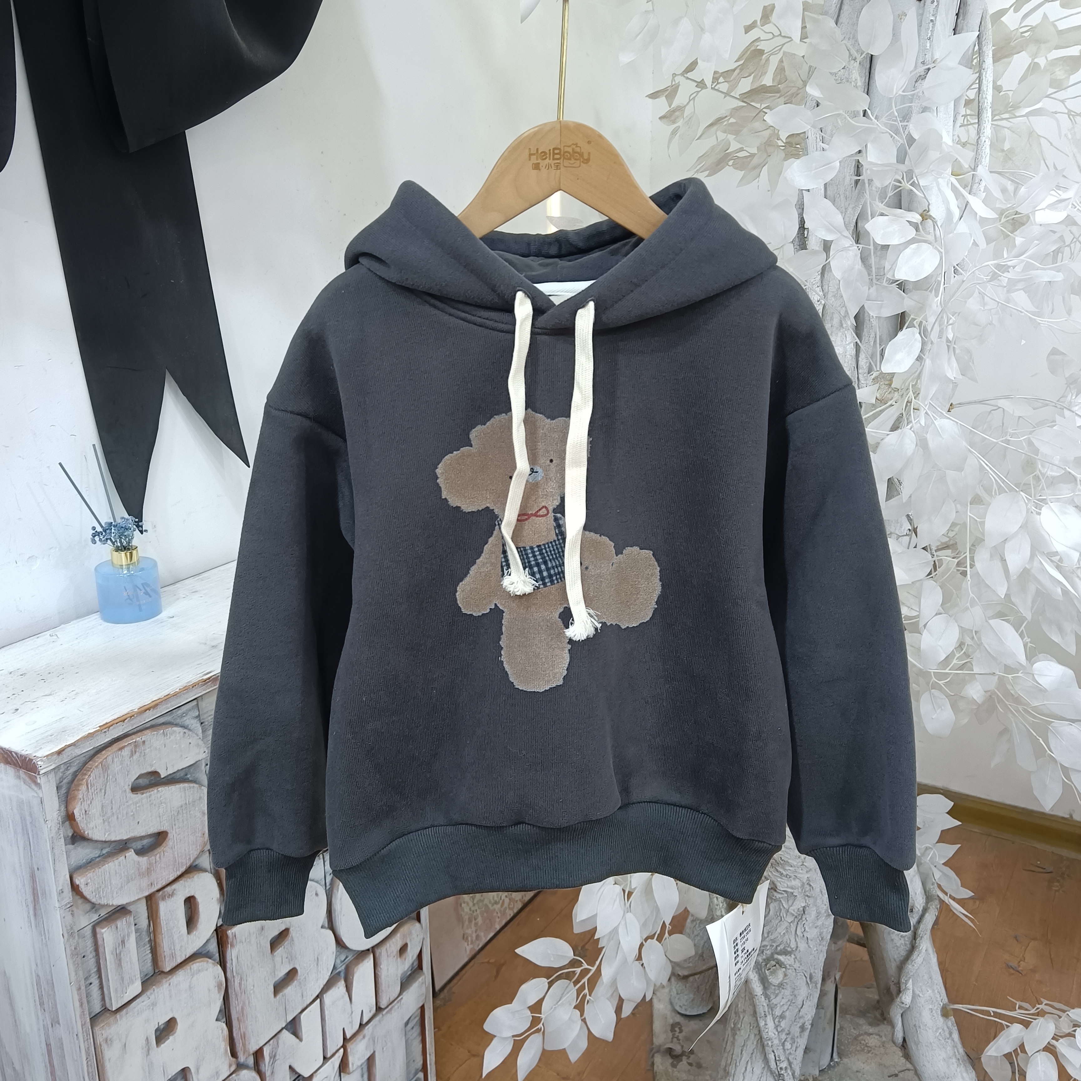 O556灰色小狗一体绒带帽卫衣童装/喵可