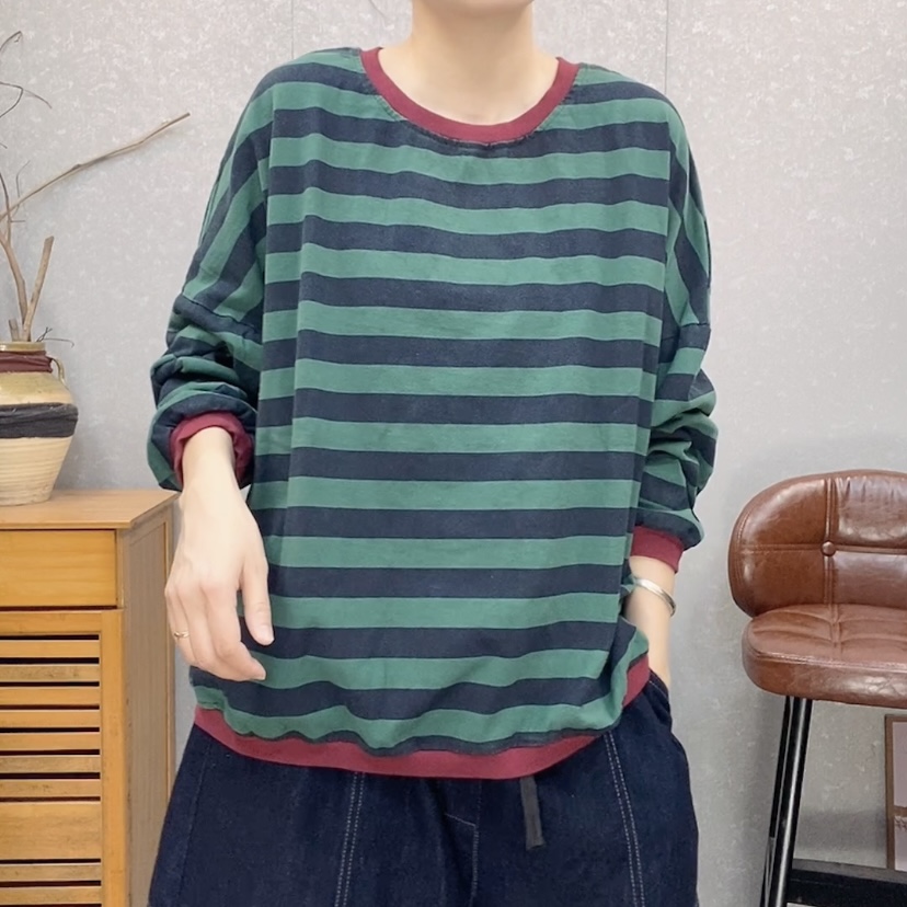 【云吖】秋季复古宽松休闲撞色条纹炒色棉圆领套头卫衣