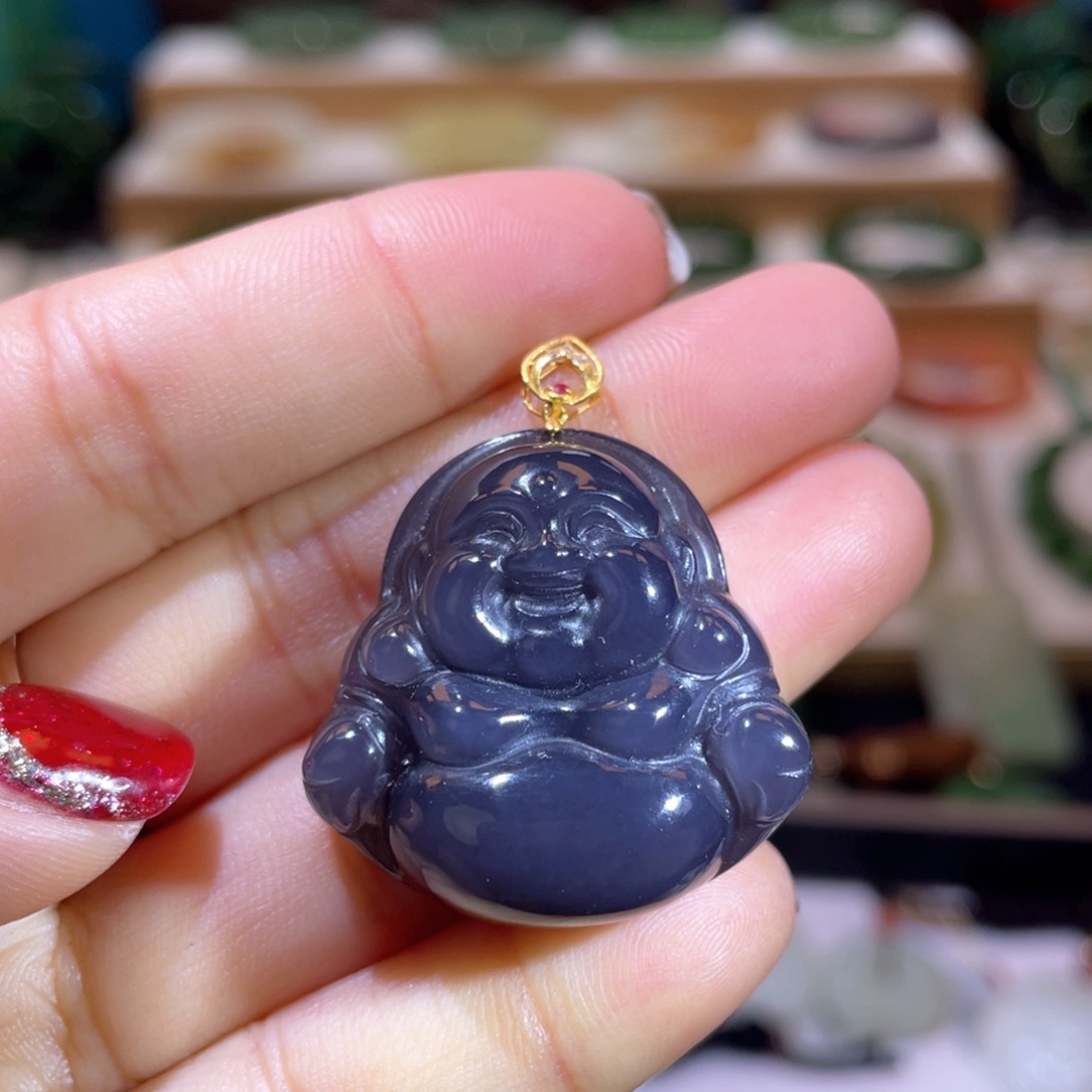 和田玉高品18Ｋ烟紫佛公18K金镶嵌