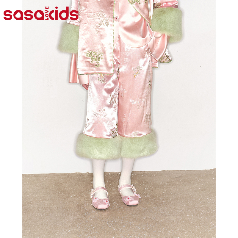 sasakids【文竹影春】新中式七分棉裤毛绒脚口松紧腰缎面刺绣女童
