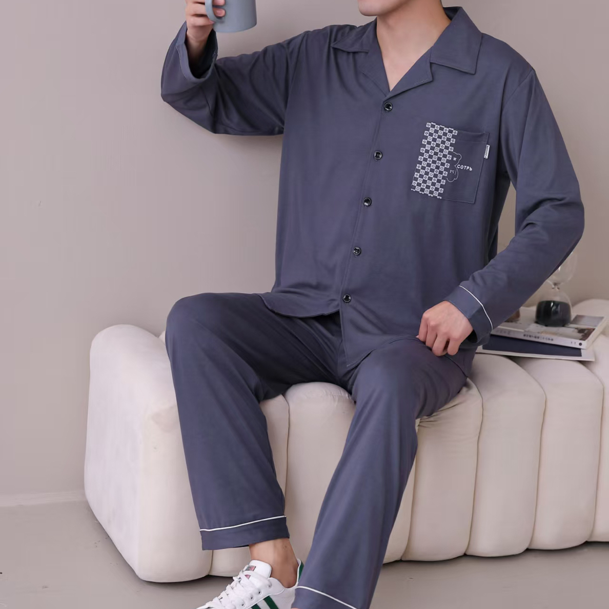 [男款/拉架棉]翻领睡衣时尚春秋款长袖大码宽松家居服套装