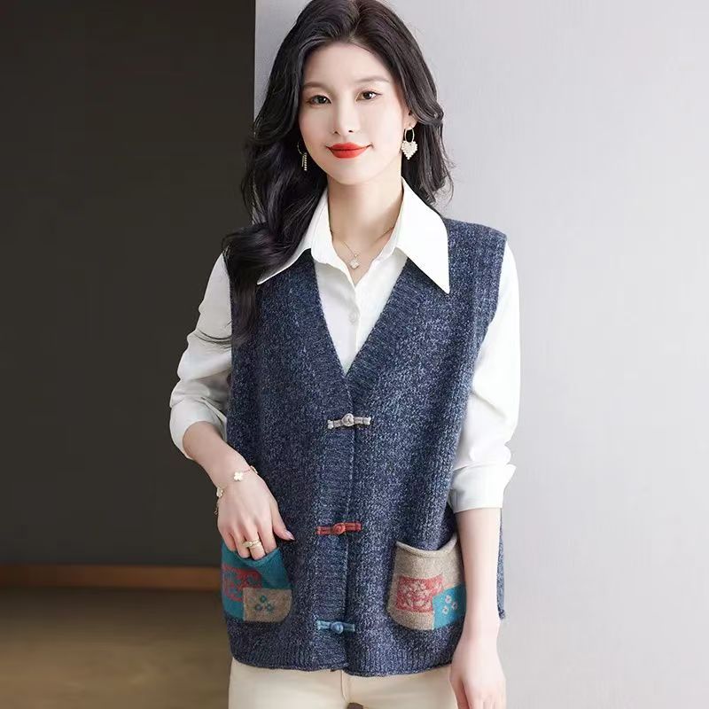 新中式v领开衫针织背心2025秋冬新款外穿马毛衣显瘦通勤女马甲