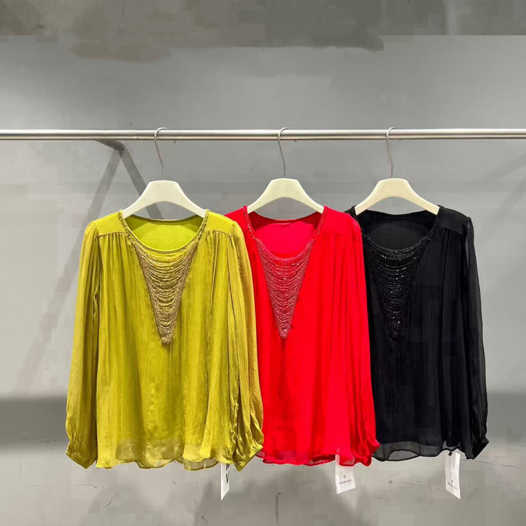 钉珠气质小众设计感拼蕾丝显瘦纯色上衣时尚百搭中长秋季新款