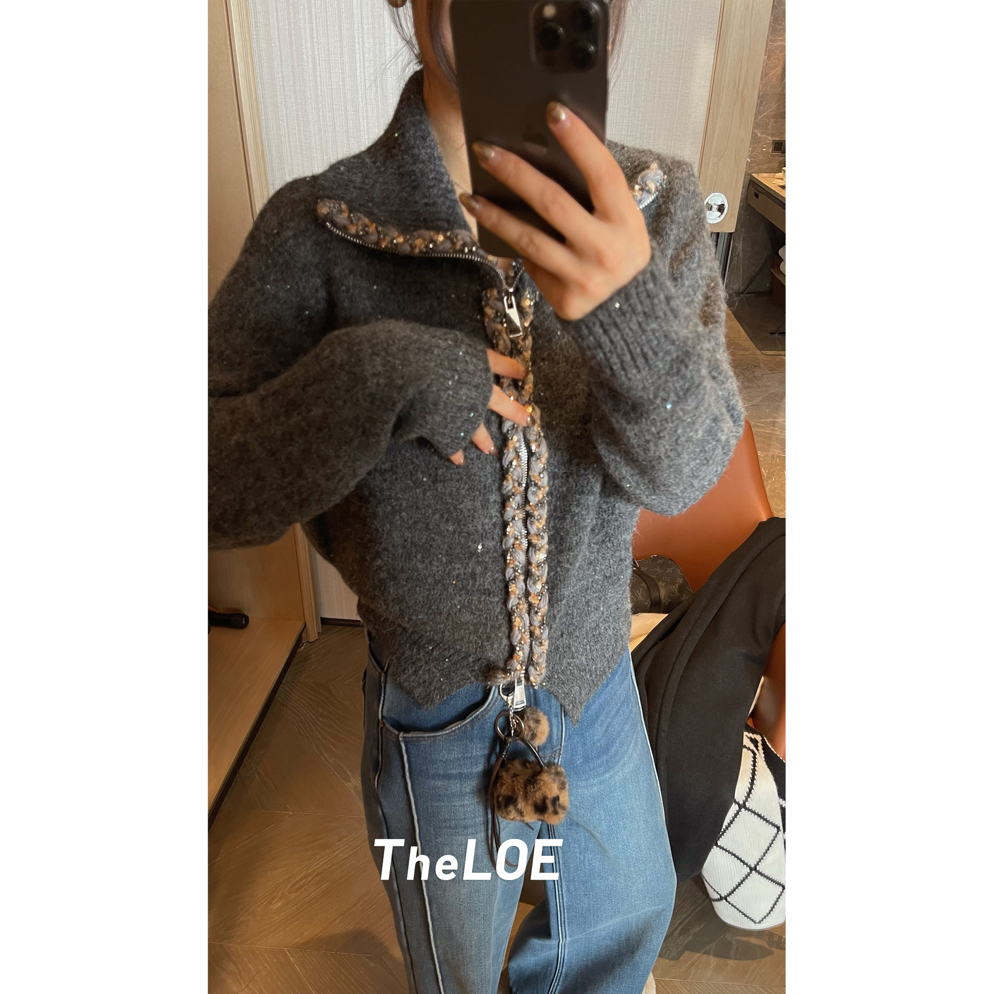 TheLOE/绵羊毛拼接链条双拉链针织开衫#LE-5899