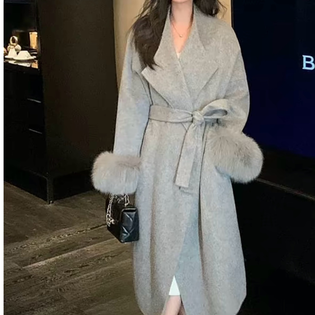 (衣长116左右)清言家加棉加厚毛呢毛毛袖翻领大衣