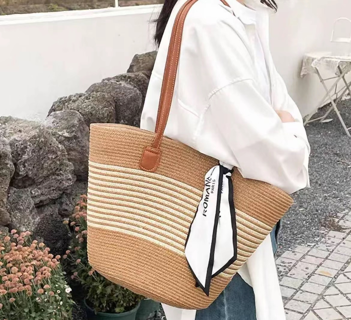 2025夏季新款通勤编制条纹单肩百搭时尚沙滩编织女包草编包
