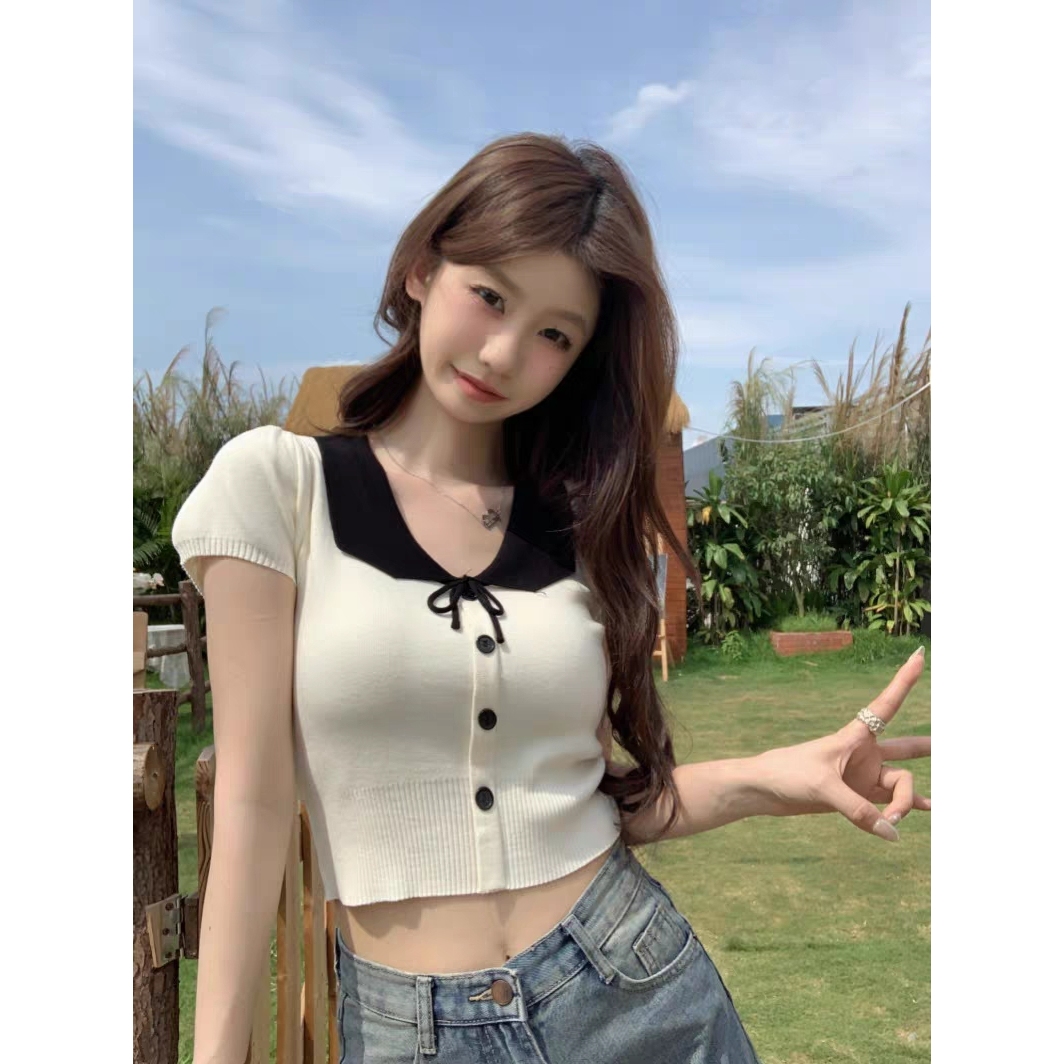 【小敏】夏季气质百搭娃娃领针织上衣QXD51176