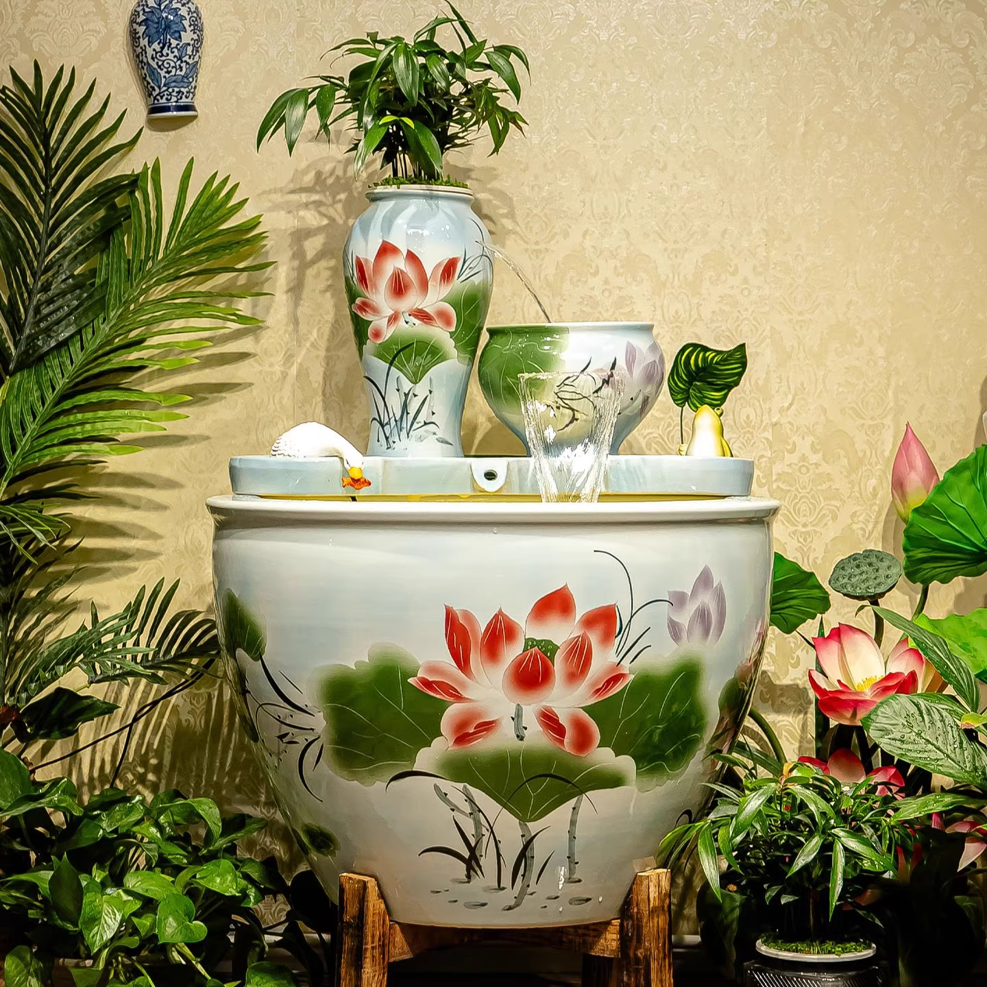  景德镇陶瓷大缸锦鲤金鱼缸青荷花缸庭院景观水红莲流水摆件整套