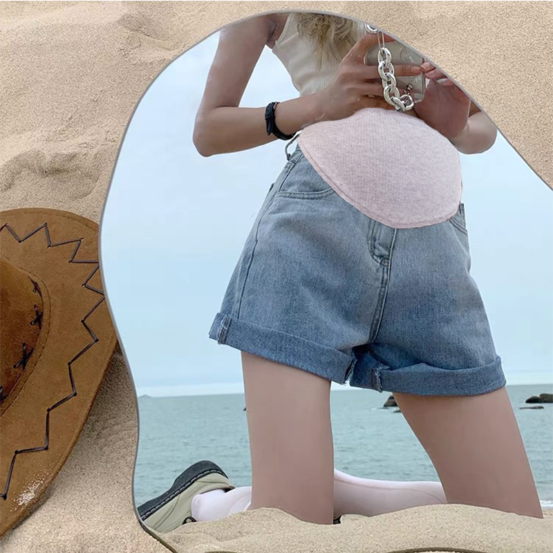 孕妇牛仔短裤夏季外穿阔腿薄款设计感夏装小个子高腰托腹三分裤