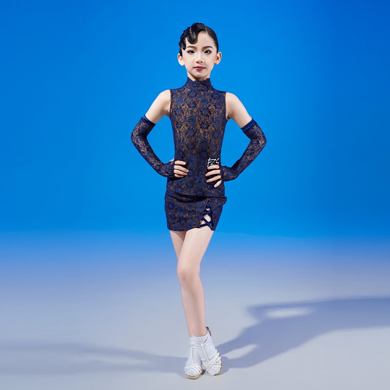 FZS DANCE L304 秋季新款拉丁舞服女蕾丝旗袍款国风练功服 蓝色