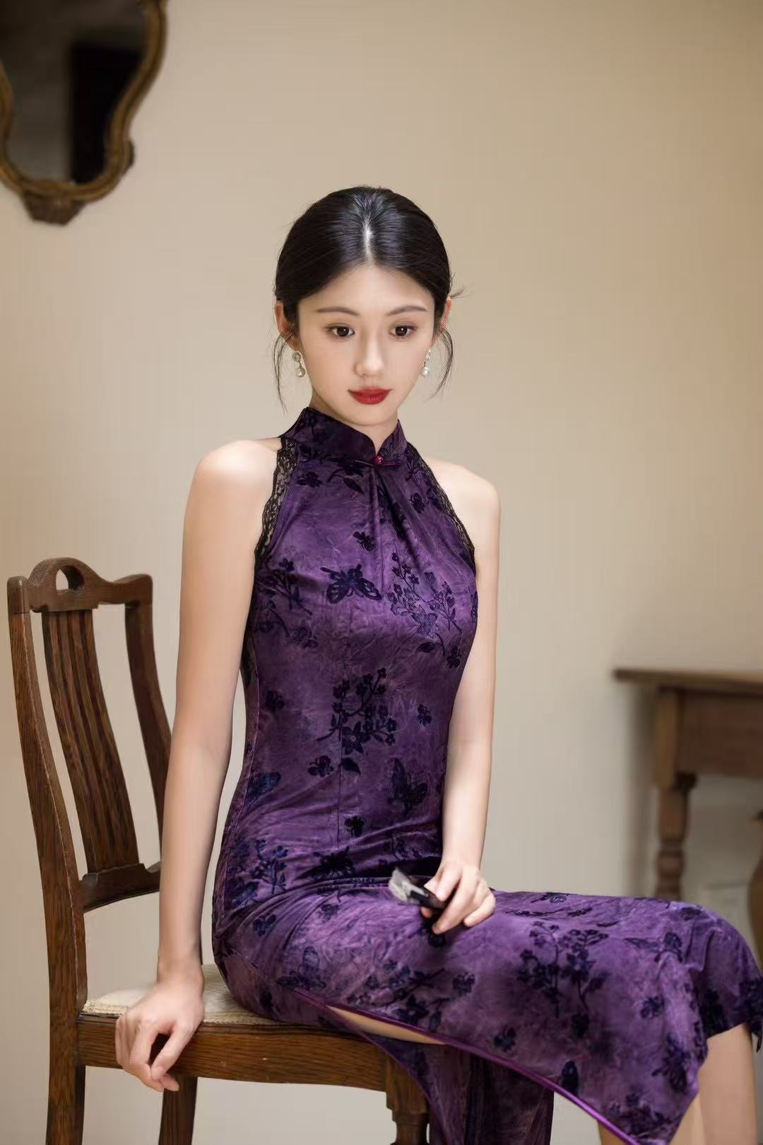 风华《紫萝蝶影》夏季改良挂脖旗袍新中式性感蕾丝中国风气质显瘦