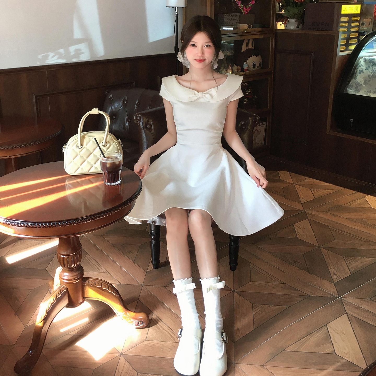 【现货+运补】白色连衣裙夏2025新款小个子褶皱收腰蓬蓬短裙5017