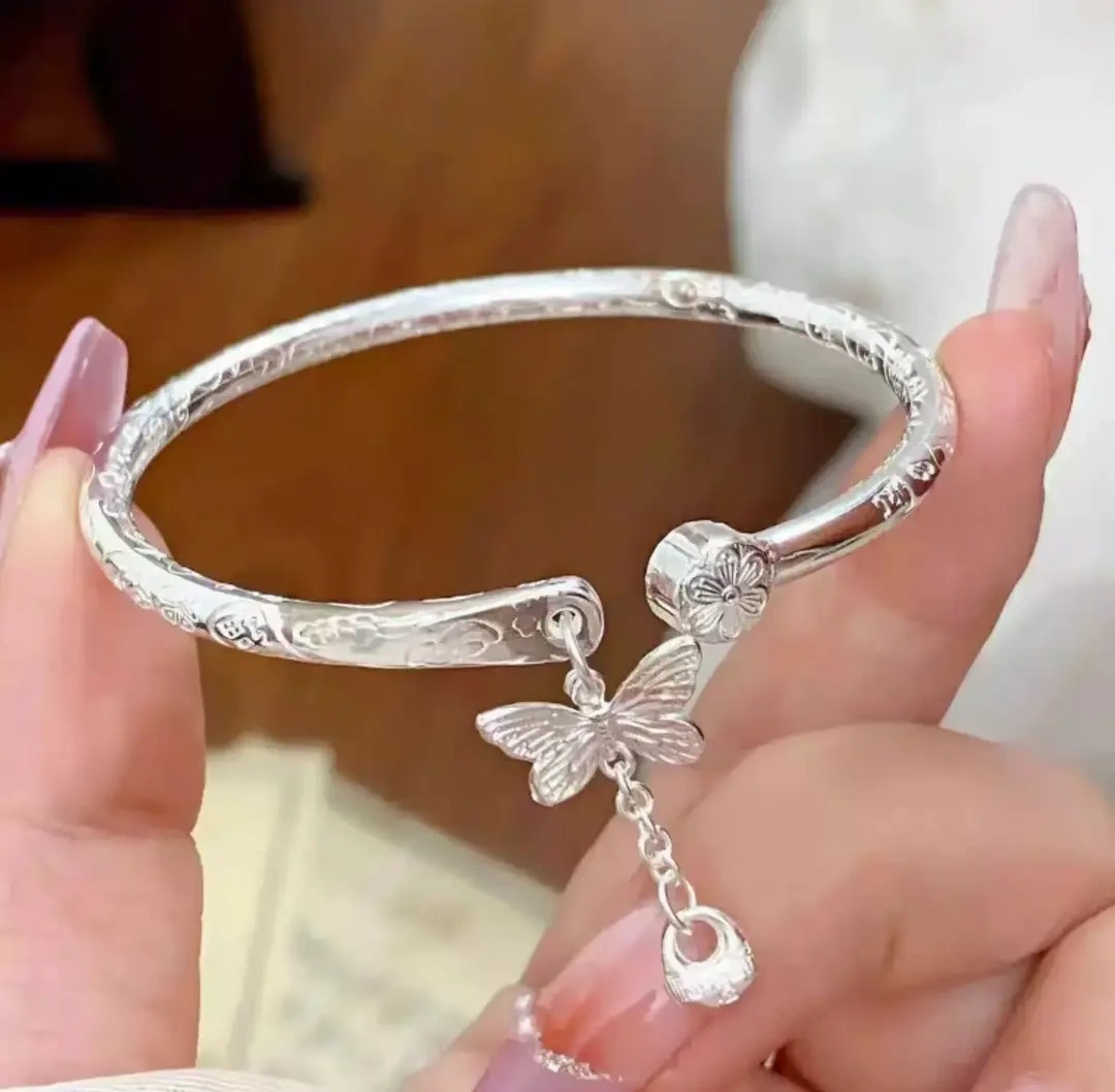 足银手镯 足银9999新中式吉言蝴蝶繁华胖福轻奢浮雕花纹开口手镯