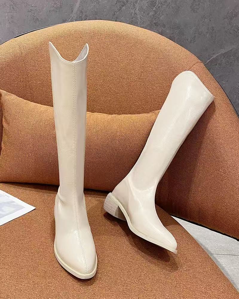 W53-73B新款长筒西部靴女新款长靴骑士靴尖头牛仔靴瘦瘦靴 薄绒