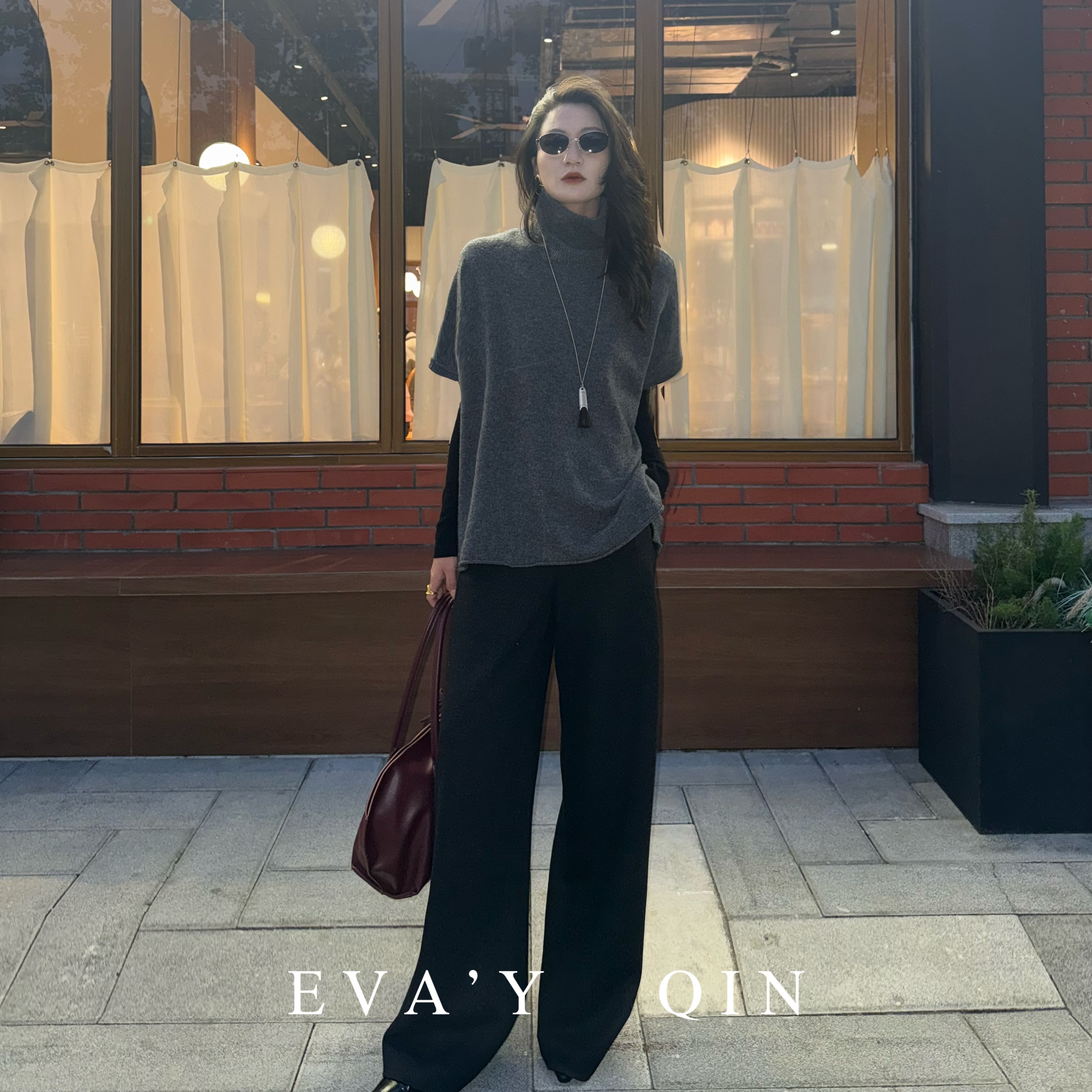Eva‘Y丨“冷美人”黑色高领高级感新款绵羊毛套头针织衫打底毛衣