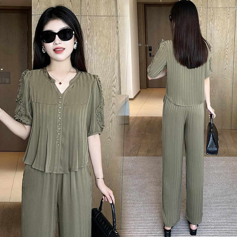 时尚冰丝半袖衬衫女士套装2025年夏季新款气质显瘦阔腿裤两件套潮