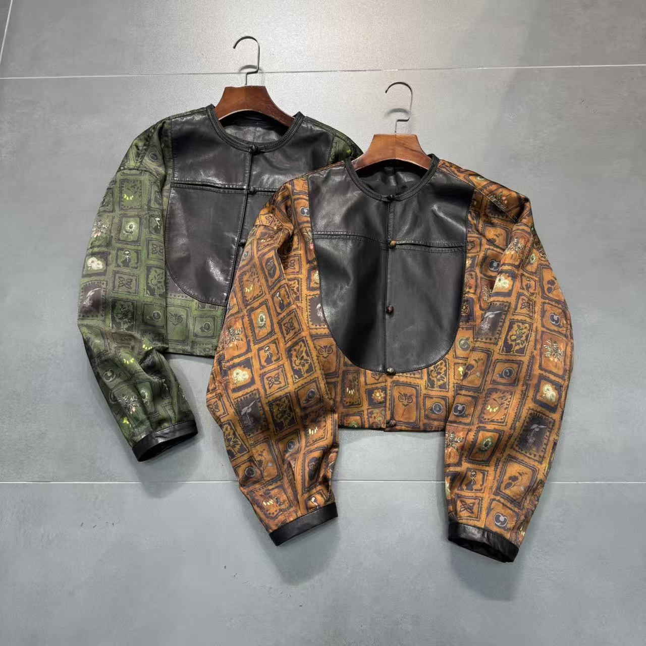 绵羊皮拼接香云纱 新中式皮衣女款2025新款印花秋季女小个子外套