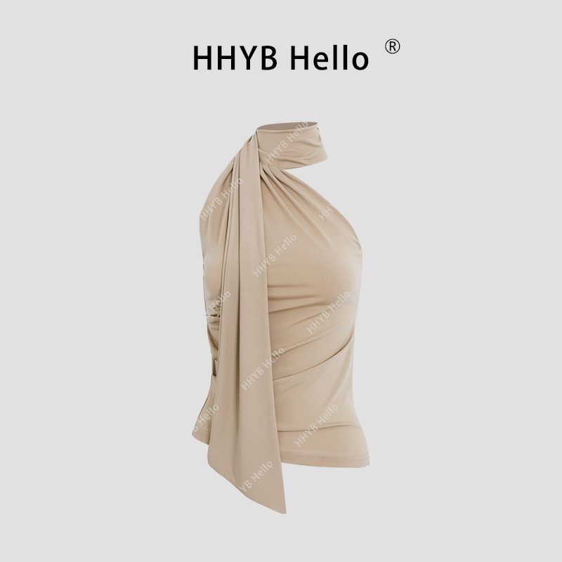HHYB Hello斜肩弹力无袖挂脖系带上衣女2025性感修身t恤250155