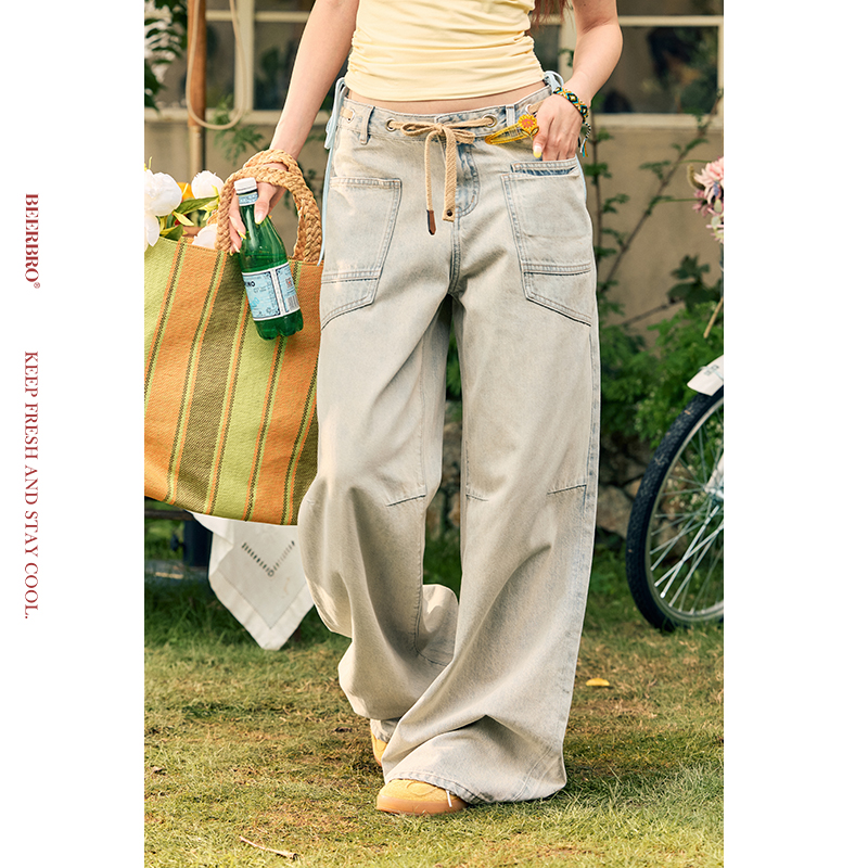 『玩乐夏日全棉洗水做旧阔腿直筒抽绳绣花牛仔裤BZ25XXX346-1JN05B
