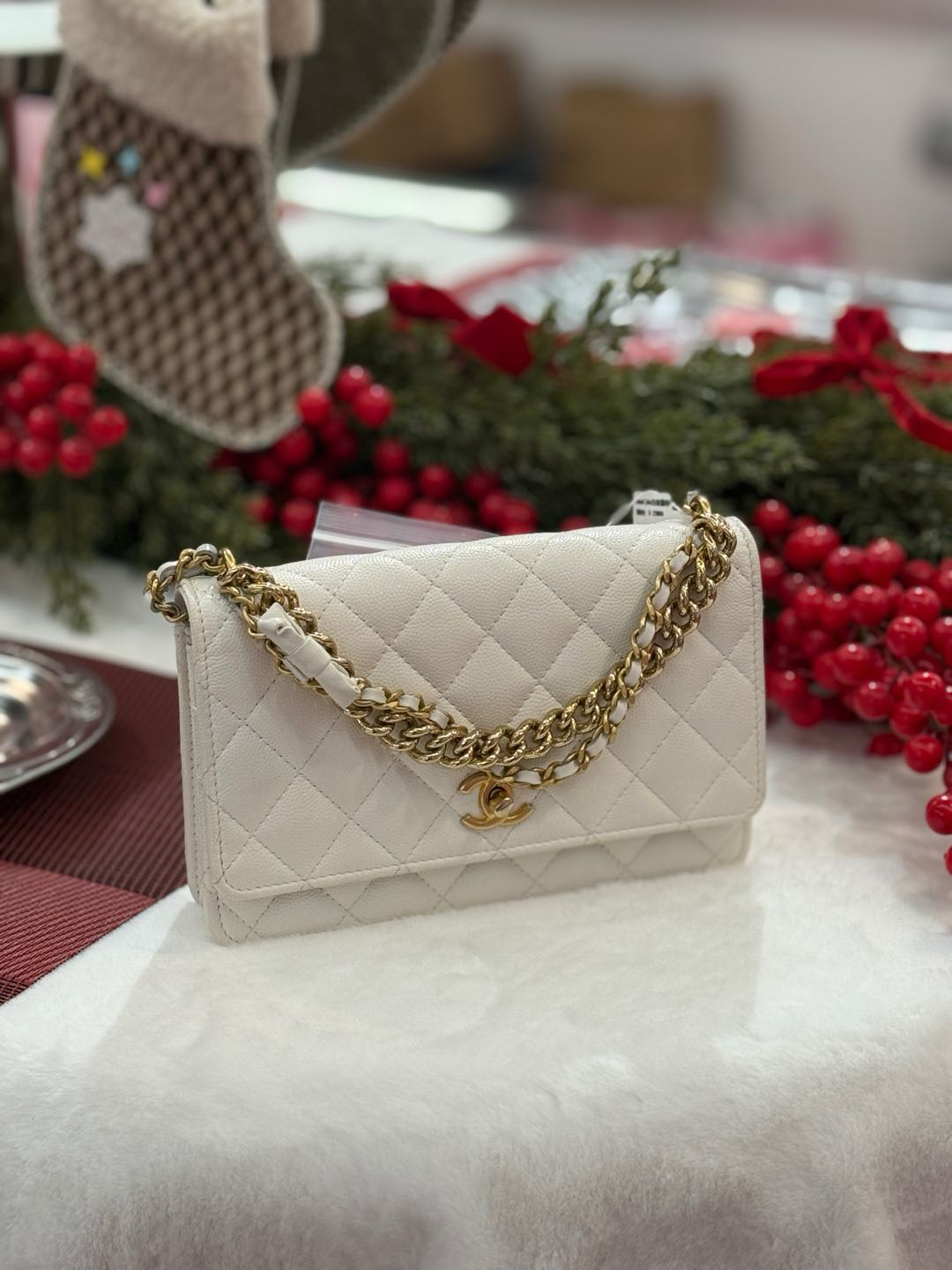 95新 Chanel/香奈儿 24s白金荔枝牛皮蝴蝶结woc单肩包85252934