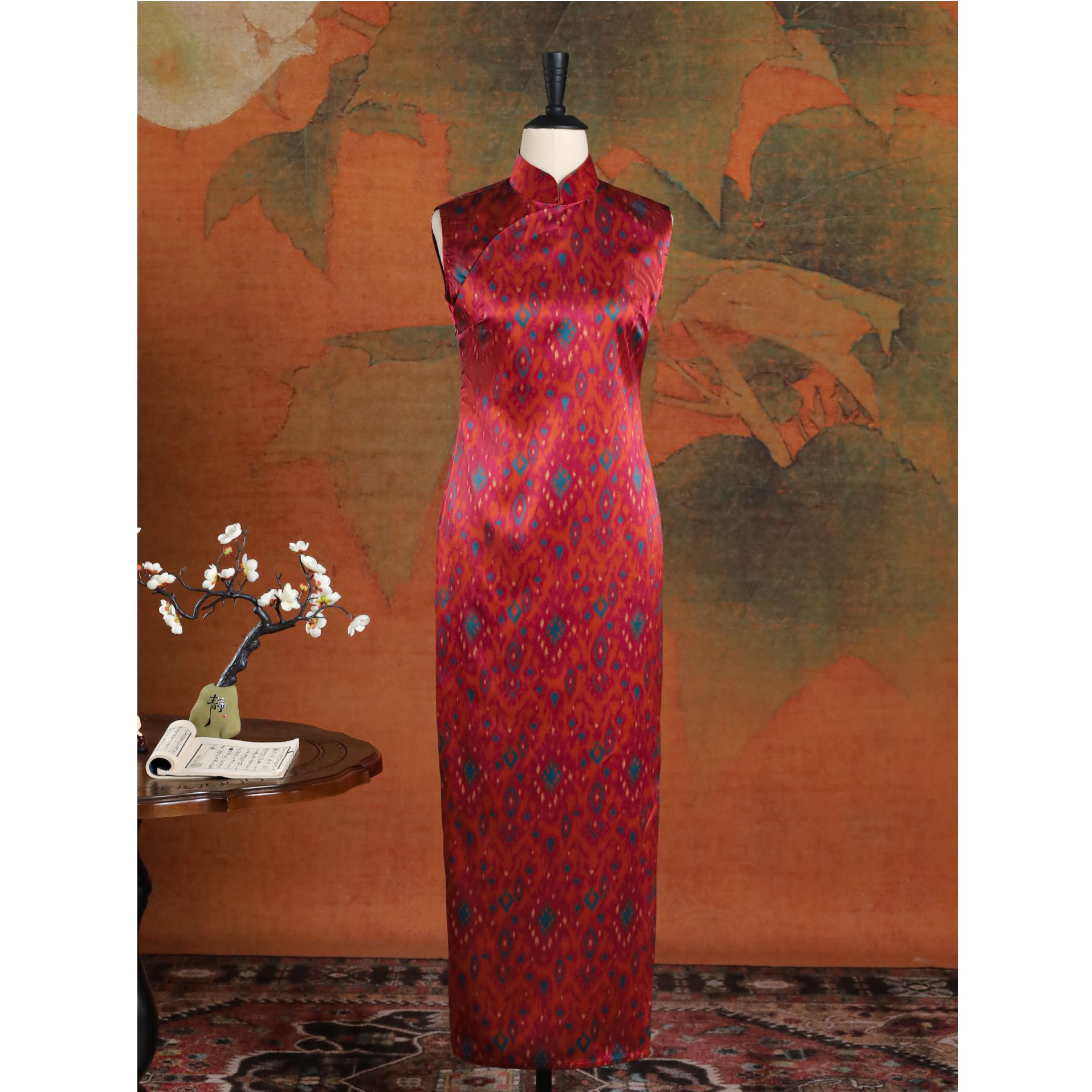 女神姑娘【红寻】重缎香云纱无袖红色日常港工长旗袍Q51111-5-40