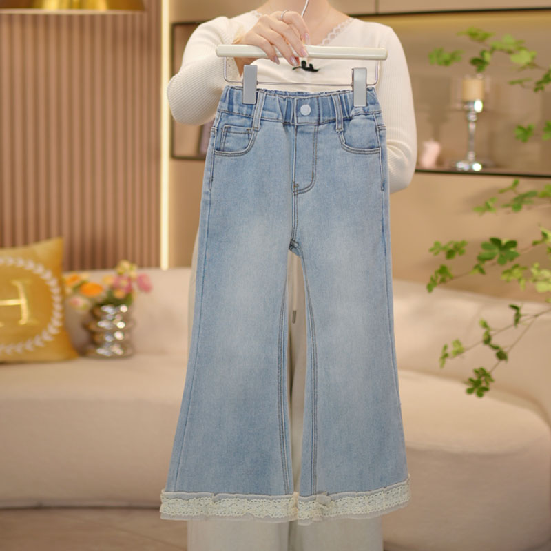 【闺蜜家】女童春季2025新款韩系松紧腰设计感休闲微喇牛仔裤-7548
