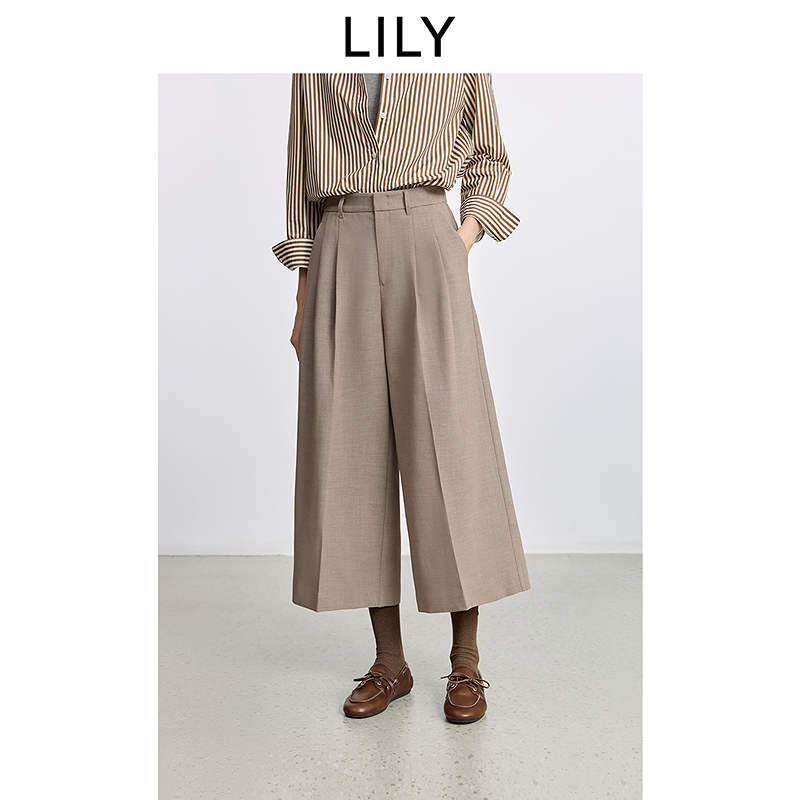 LILY2025冬新款女装含羊毛复古浅色九分阔腿裤休闲裤125459C5919