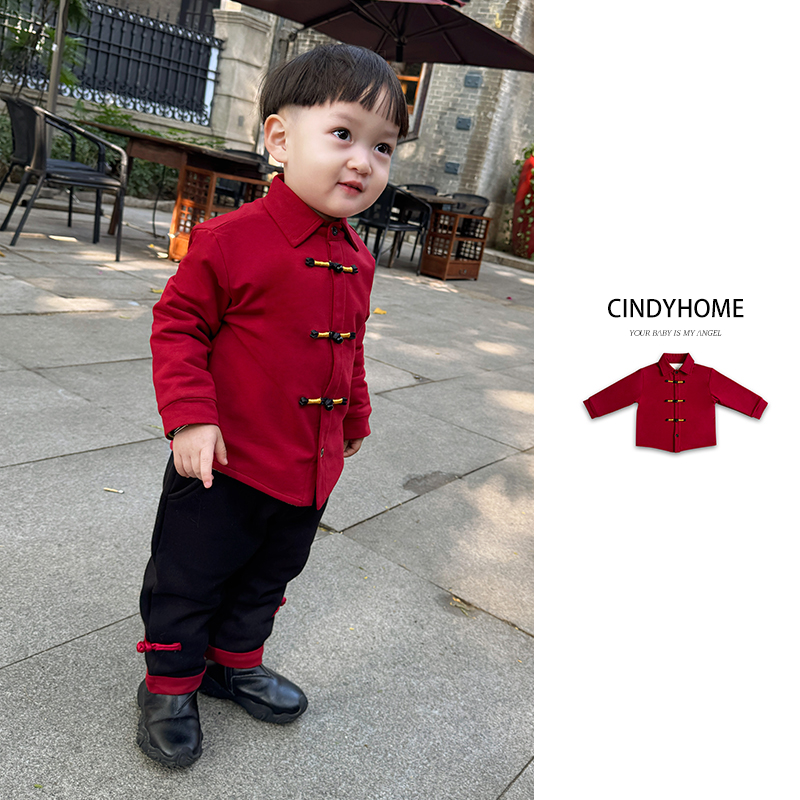 新中式衬衫新款复古秋冬酒红色国风长袖洋气喜庆儿童宝宝衣服