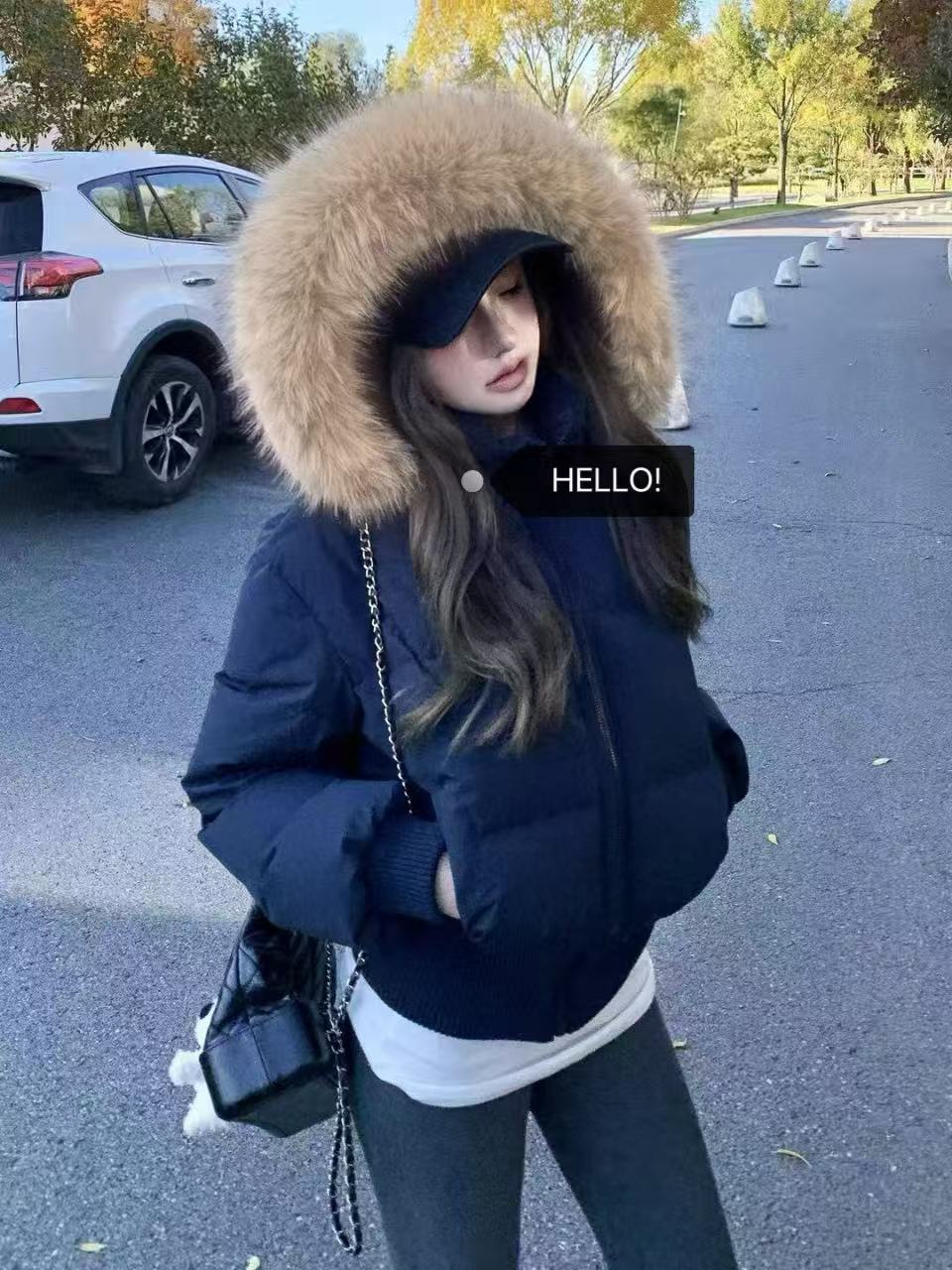 小慧 美式复古大毛领可拆卸厚款氛围感短款连帽棉服KI10