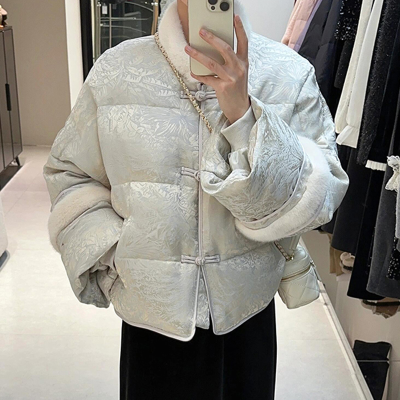 2025新中式毛绒领盘扣小个子保暖棉服女短款国风提花外套百搭棉衣