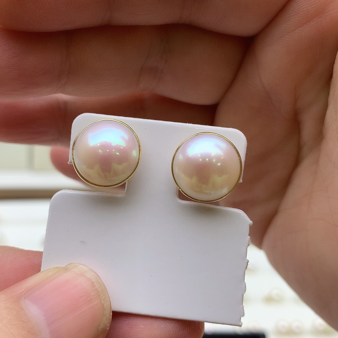 拼合珍珠（马贝珠）耳饰18K金镶嵌小*