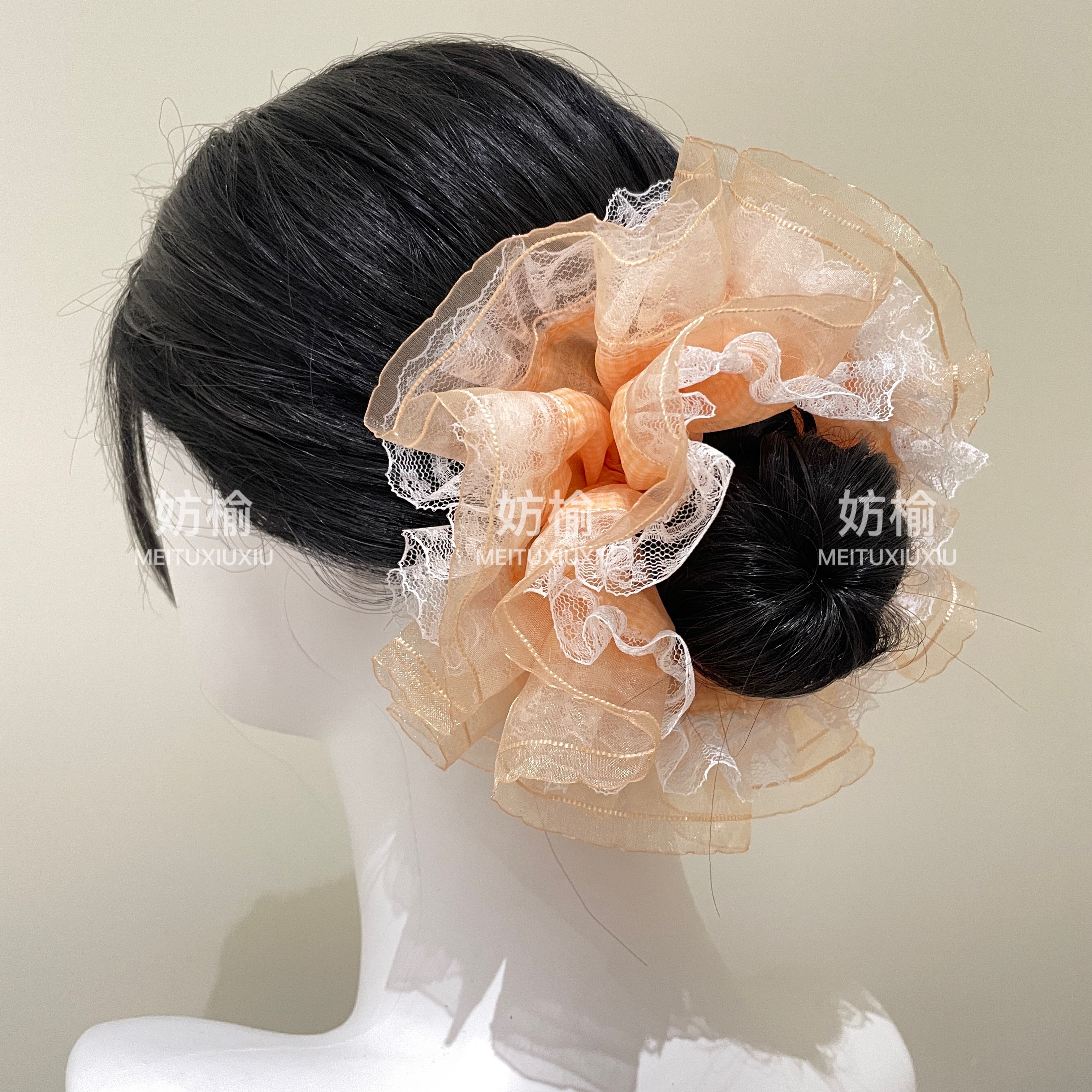 橘色甜美温柔欧根纱蕾丝大肠发圈女百搭简约扎头发发绳发饰纯手工