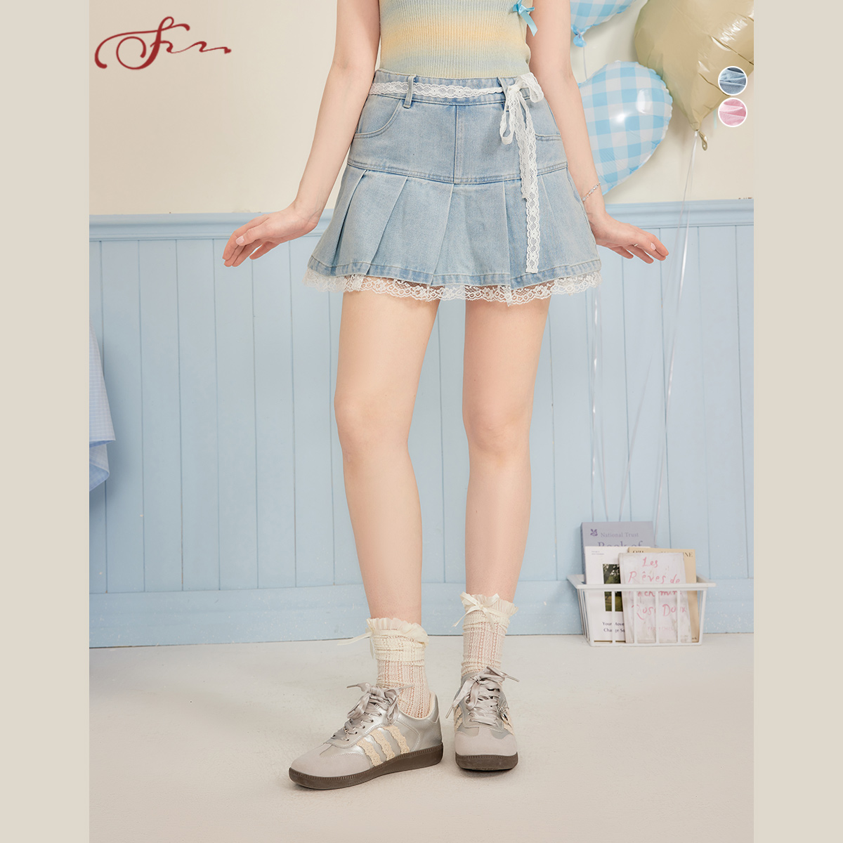 SEENFAAN盛放25年夏季新款拼接蕾丝牛仔百褶短裙女A字显瘦半身裙