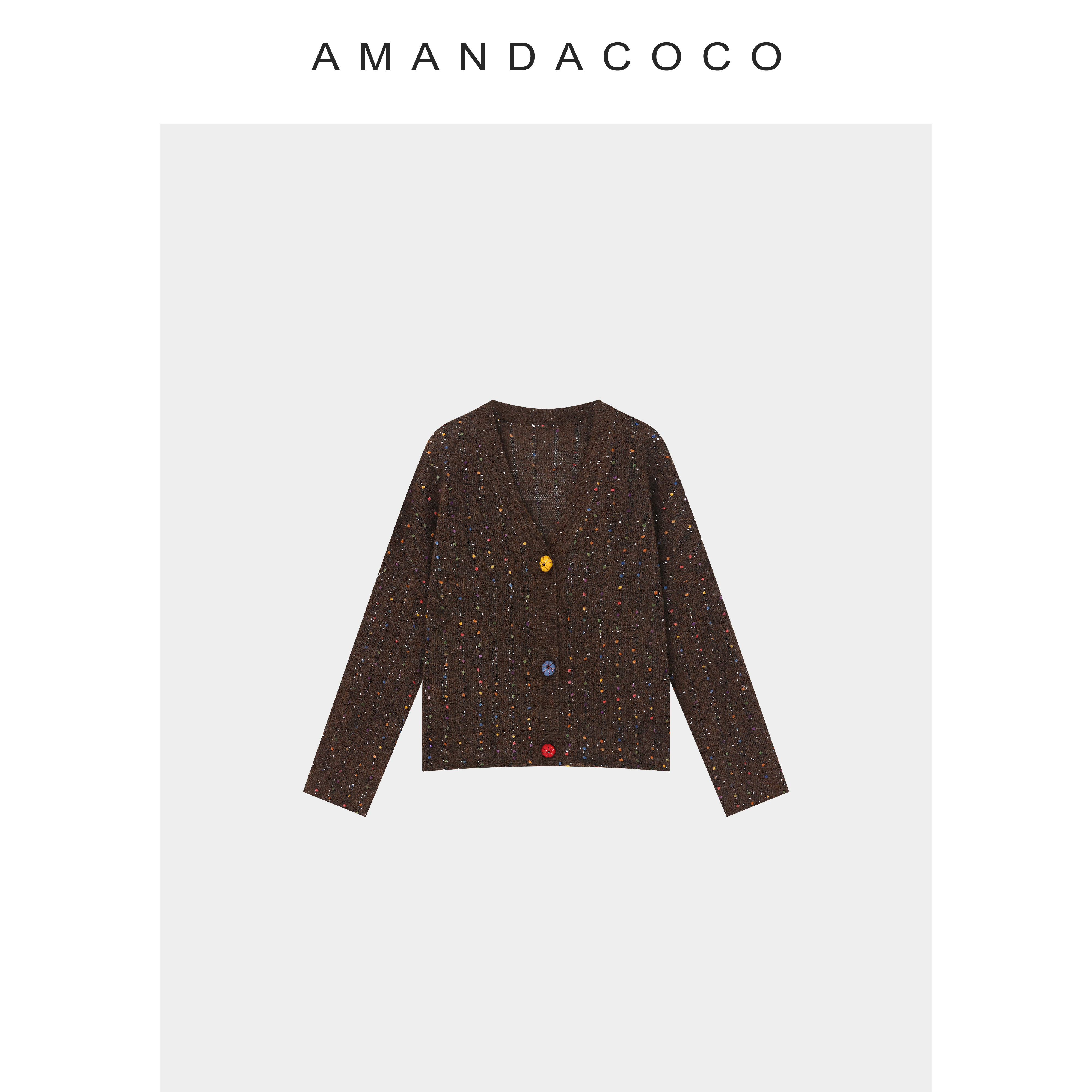 南瓜小岛～25早秋亮片v领彩色毛球时髦显瘦洋气针织衫v30735