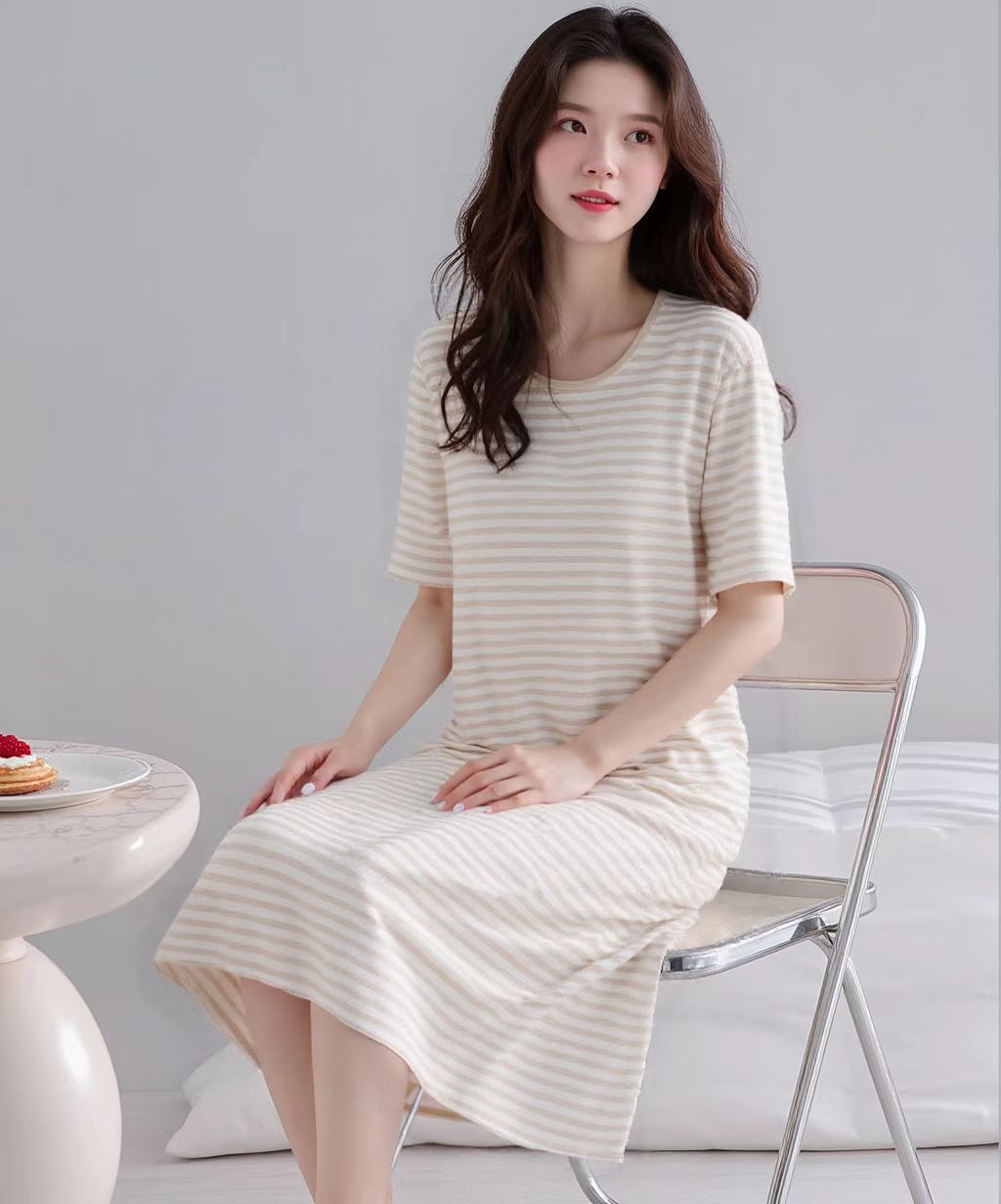 新疆彩棉圆领女士家居服睡裙 纯棉条纹睡裙 双面磨毛工艺更舒适
