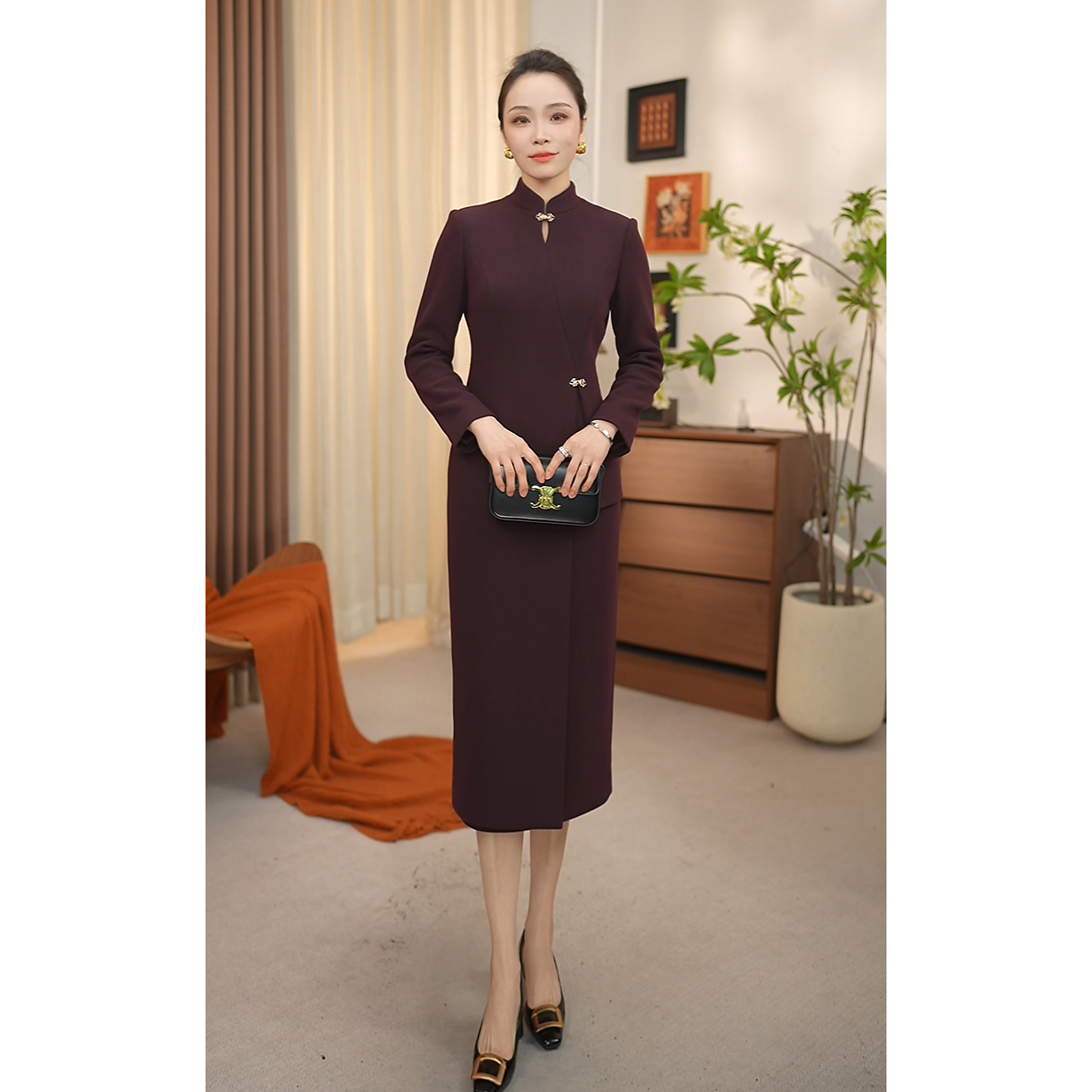 晚晚冬季气质优雅紫红色旗袍裙显瘦高腰修身轻奢女神(PL2076P）