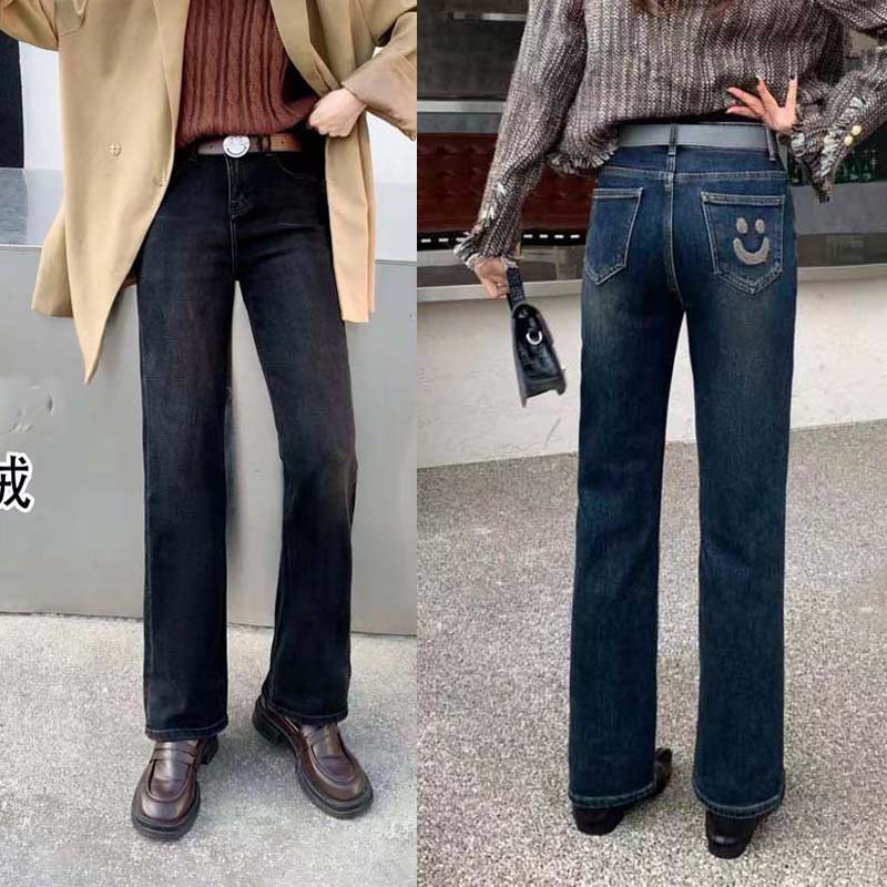 芭莎basha香港花牌窄窄版直筒阔腿牛仔裤女裤2025冬季加绒显瘦