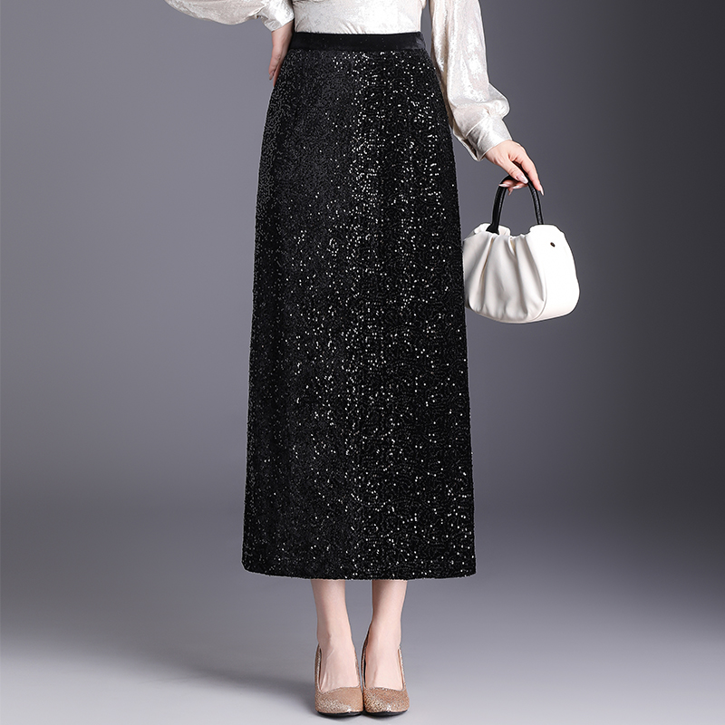 黑色亮片A字冬季高腰半身裙显瘦开叉直筒包臀中长款2025秋冬新款