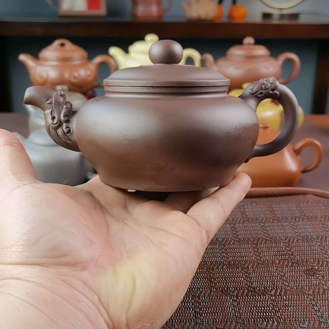 紫砂茶壶紫泥双龙戏珠400CC