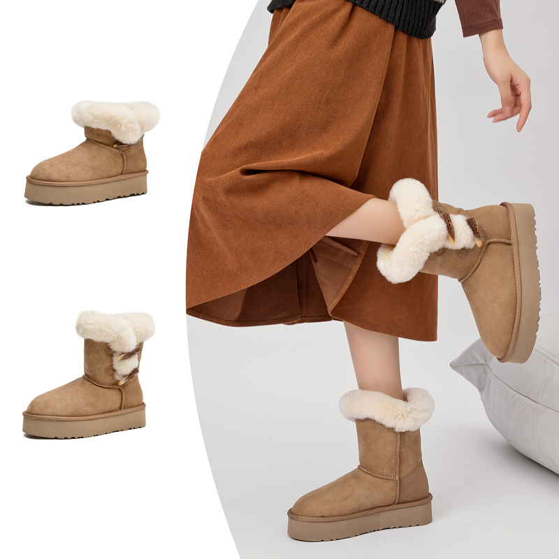 冬季厚底保暖时尚雪地靴休闲棉鞋牛角扣雪地棉女鞋羊皮毛一体筒靴