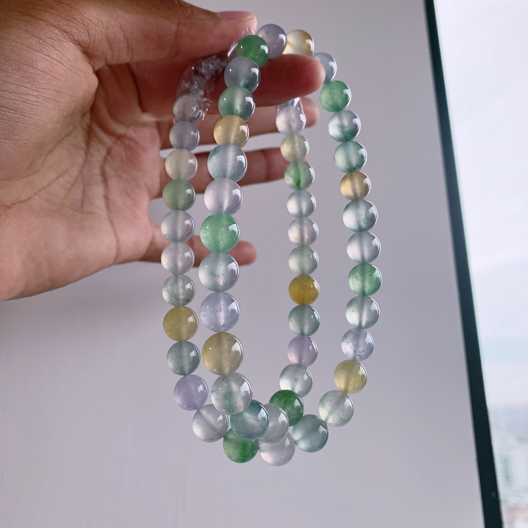 玻璃种 品质难遇起杠光梦幻多宝马卡隆缅甸天然翡翠A货珠串卡10mm